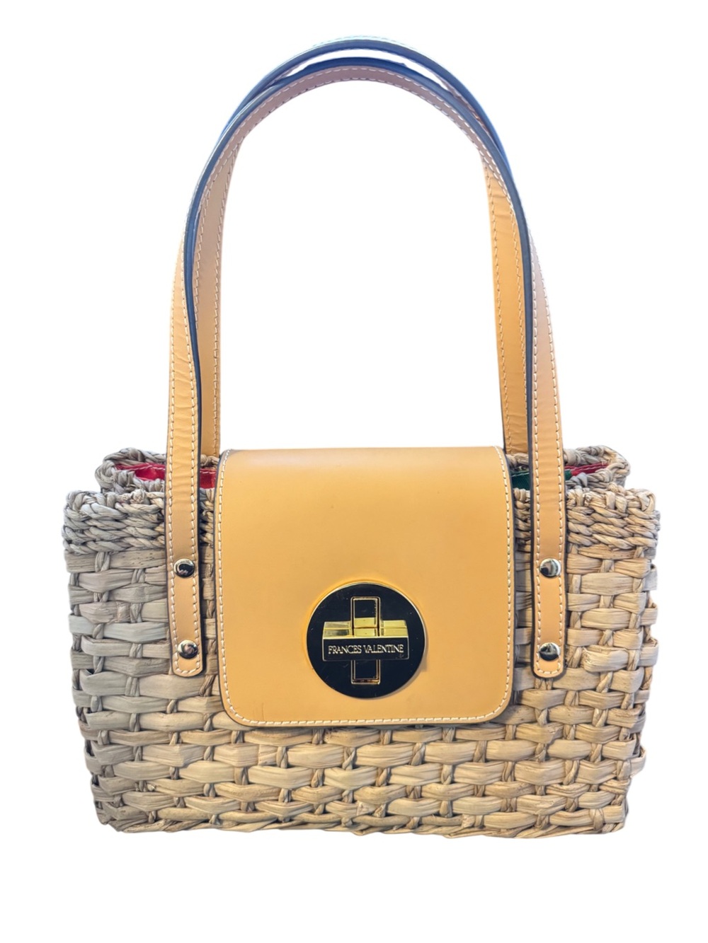 FRANCES VALENTINE Leather Trim, Natural Woven Tote, Gold Lock, Colorful Lining